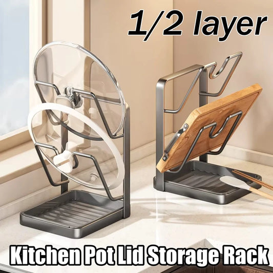 Kitchen Pot Lid Organizer Rack with Drip Tray for Pans & Covers