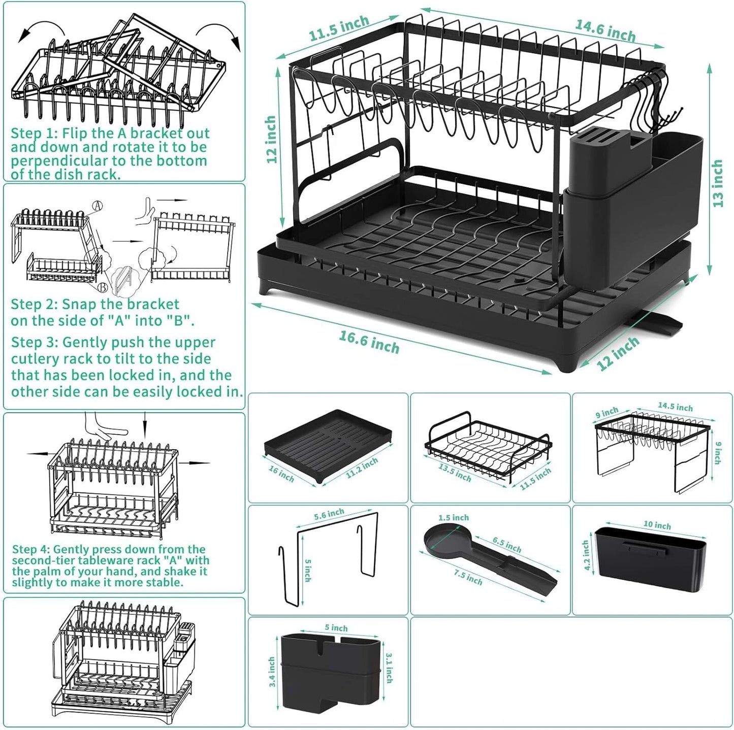 2-Tier Kitchen Countertop Dish Drying Rack with Drip Tray