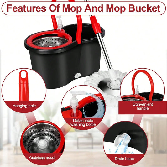 360° Spin Mop & Bucket Set with Stainless Steel Wring Basket & 3 Microfiber Heads