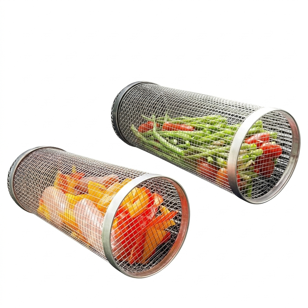 Round BBQ Grill Basket Rolling Grate for Camping & Outdoor Cooking