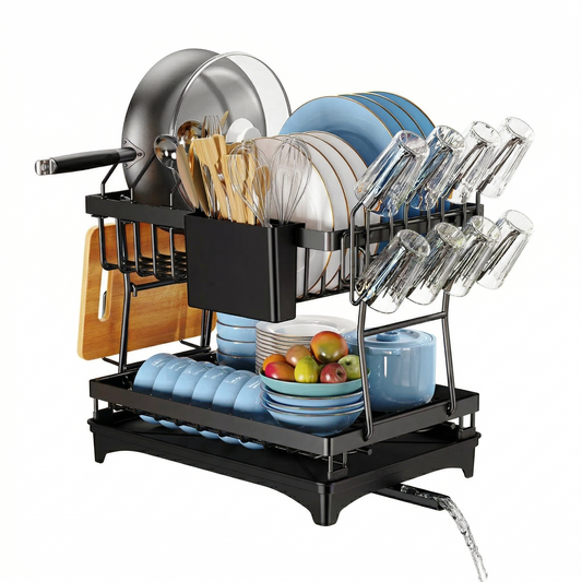 2-Tier Kitchen Countertop Dish Drying Rack with Drip Tray