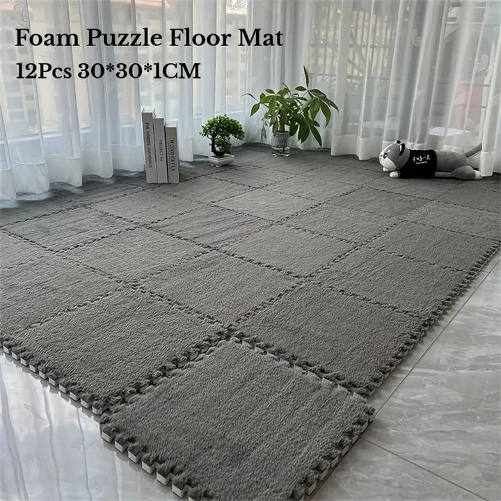 12Pcs Foam Puzzle Floor Mat Mat Interlocking Fluffy Playmat Plush Area Mat for Home Game Room Bedroom Decoration 30*30*1CM