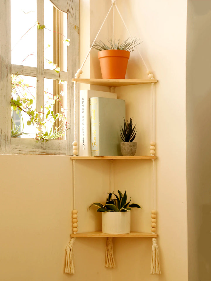 1/2/3-Layers Corner Shelf Wood Display Stand Boho Home Decoration Pastoral Style Macrame Handmade Floating Shelves Living Room
