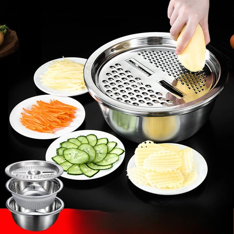 3PCS Stainless Steel Vegetable Slicer Set with Washing Basin & Drain Basket