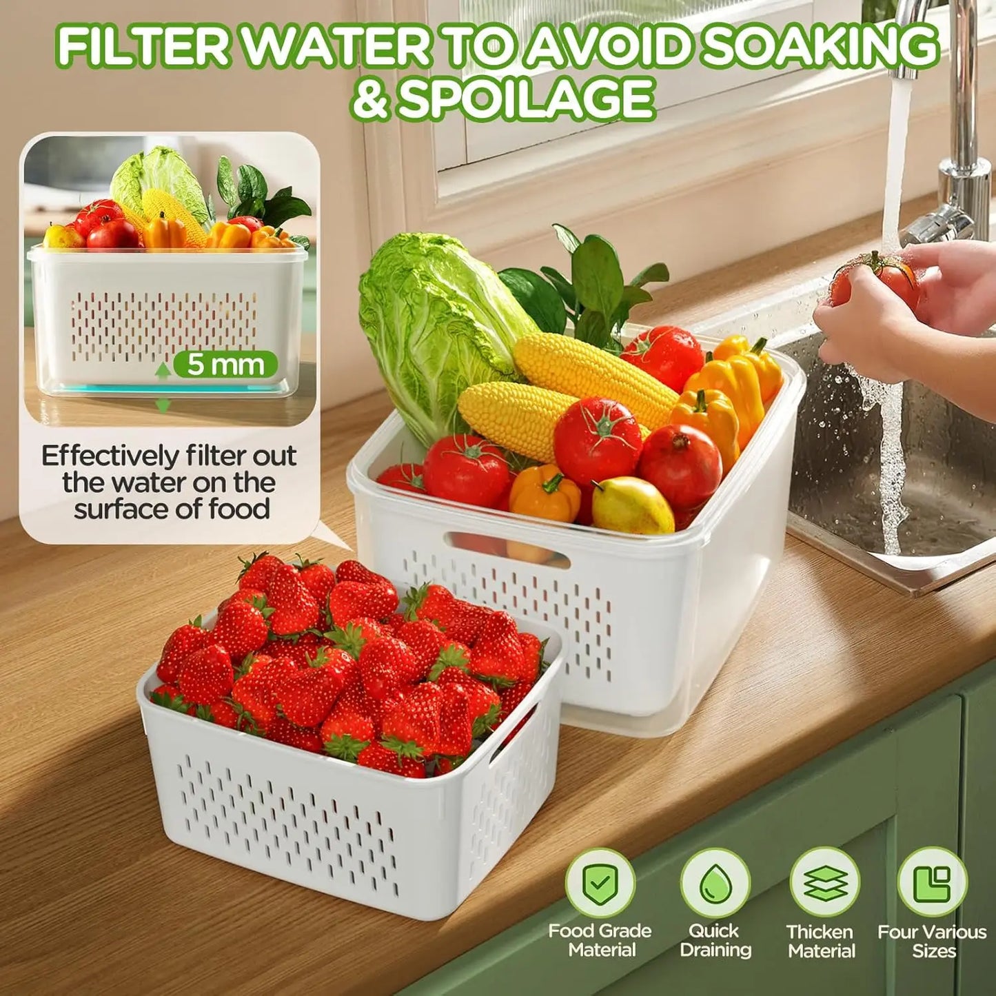 Fruit & Veggie Storage Container with Strainer – Fridge Organizer