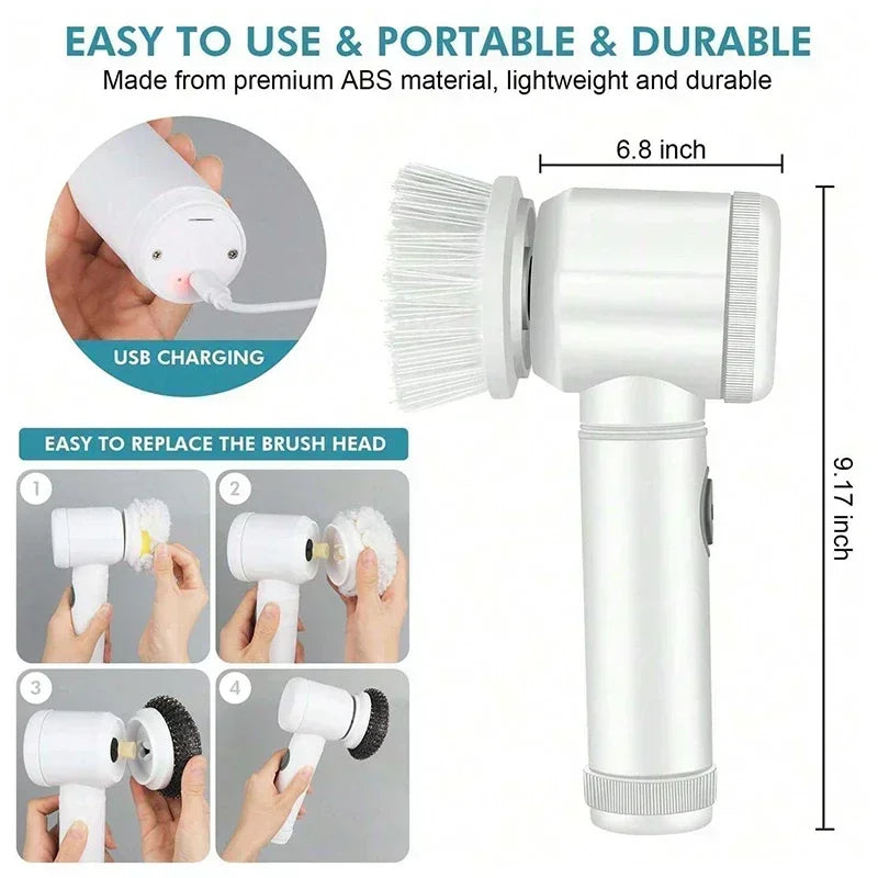 5-in-1 Electric Spin Scrubber with 5 Replaceable Brush Heads for Bathroom Cleaning