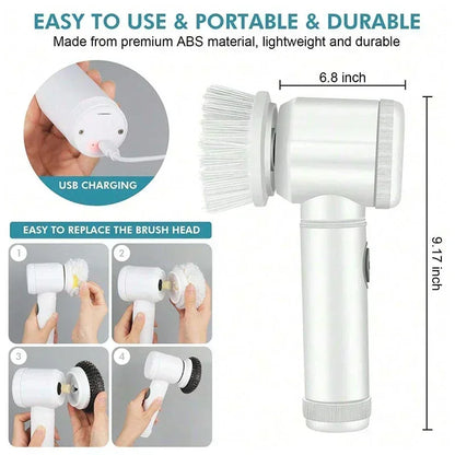 5-in-1 Electric Spin Scrubber with 5 Replaceable Brush Heads for Bathroom Cleaning