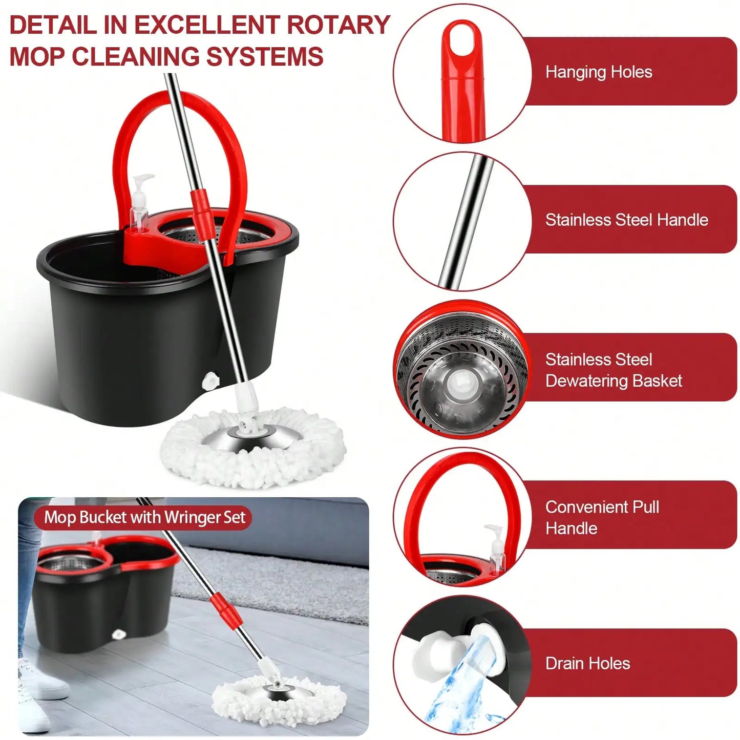 360° Spin Mop & Bucket Set with Stainless Steel Wring Basket & 3 Microfiber Heads