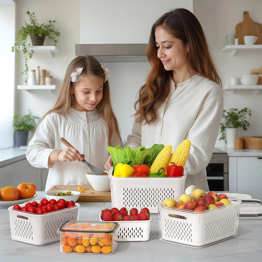 Fruit & Veggie Storage Container with Strainer – Fridge Organizer