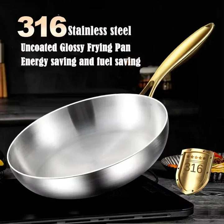 KEMORELA 316 Stainless Steel Frying Pan With Golden Handle Wok Pan Nonstick Cooking Fried Steak Gas Stove Pot Universal Pan