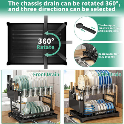 2-Tier Kitchen Countertop Dish Drying Rack with Drip Tray