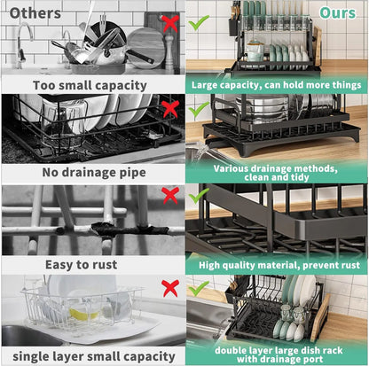 2-Tier Kitchen Countertop Dish Drying Rack with Drip Tray