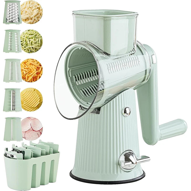 5-in-1 Rotary Cheese & Vegetable Grater with Handle and Suction Base
