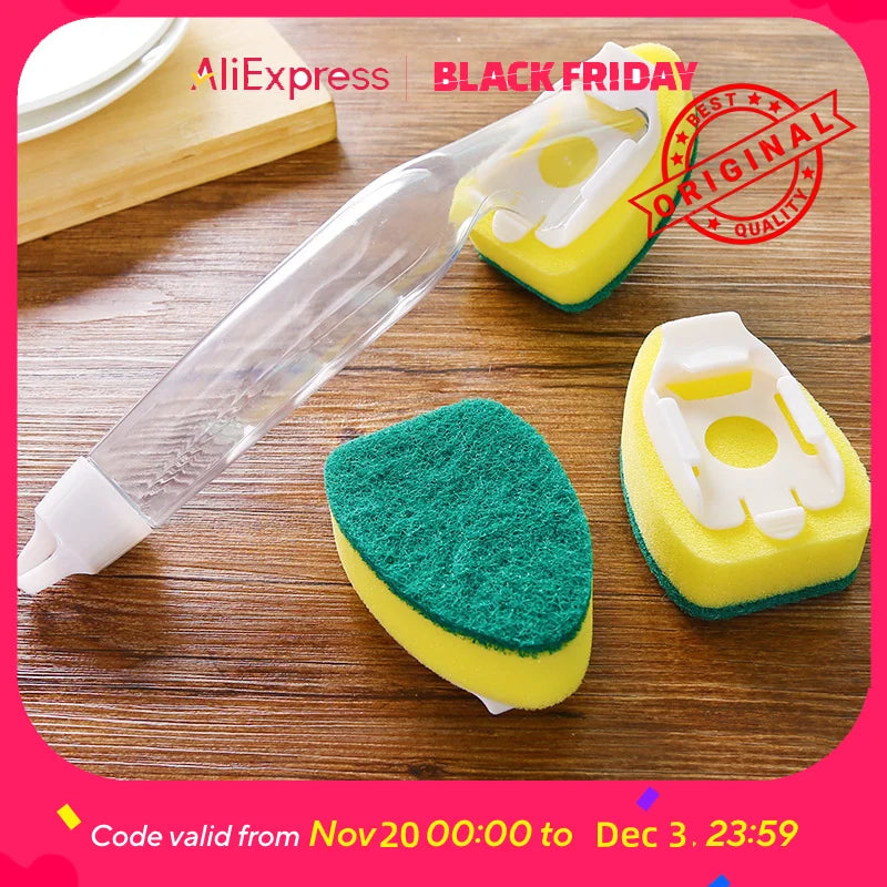 Detergent Dispensing Dish Brush - Refillable Soap Container Scrubber with Long Handle, Removable Head for Pots, Pans, Kitchen Cl