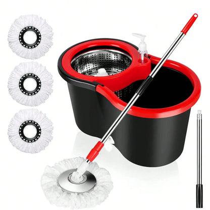 360° Spin Mop & Bucket Set with Stainless Steel Wring Basket & 3 Microfiber Heads
