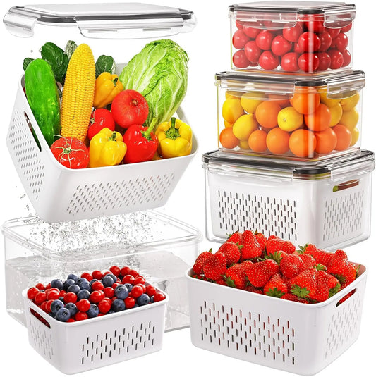 Fruit & Veggie Storage Container with Strainer – Fridge Organizer