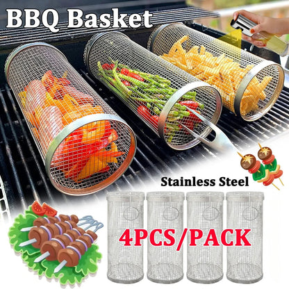 Round BBQ Grill Basket Rolling Grate for Camping & Outdoor Cooking