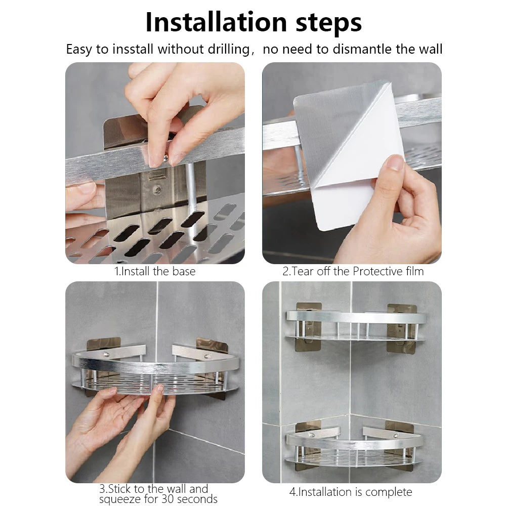 No-Drill Wall-Mounted Aluminum Shower & Kitchen Corner Shelf