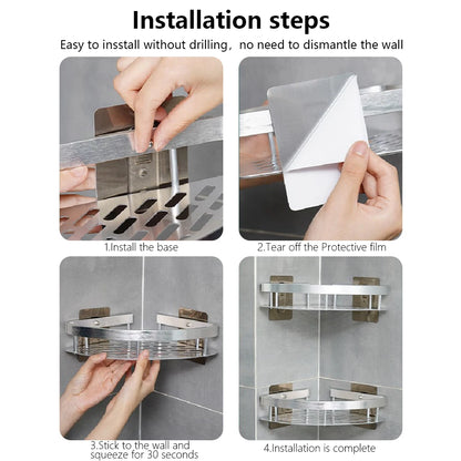 No-Drill Wall-Mounted Aluminum Shower & Kitchen Corner Shelf
