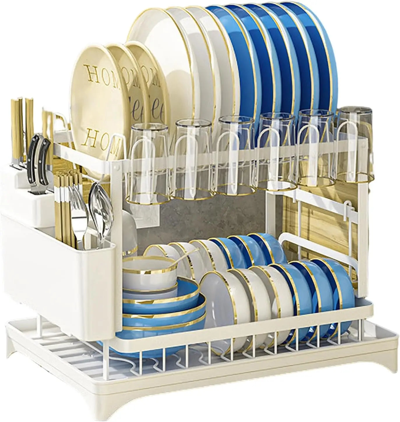2-Tier Kitchen Countertop Dish Drying Rack with Drip Tray