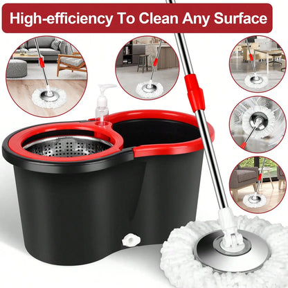 360° Spin Mop & Bucket Set with Stainless Steel Wring Basket & 3 Microfiber Heads