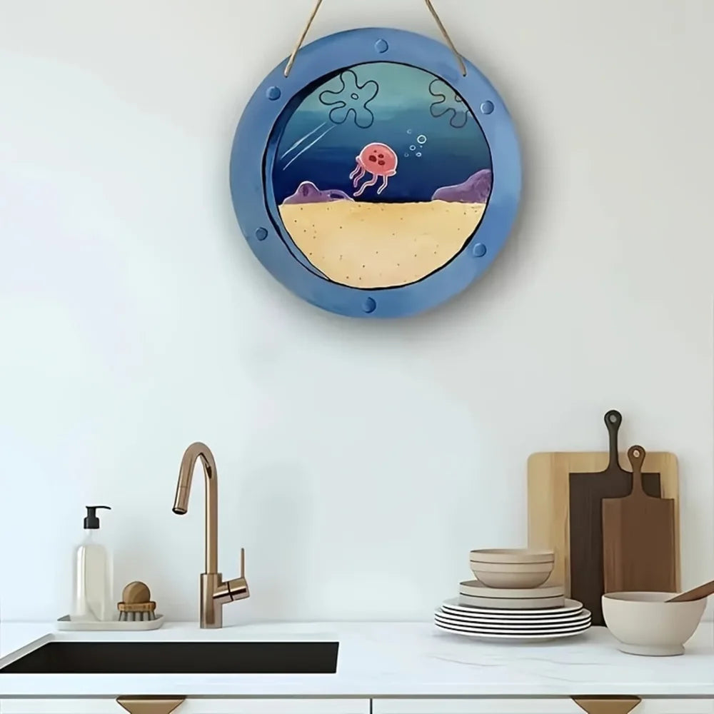 Charming Jellyfish Ocean Theme Wooden Signage -8 Inch Round Country Style Farmhouse Decoration for Kitchen and Cafe Wall
