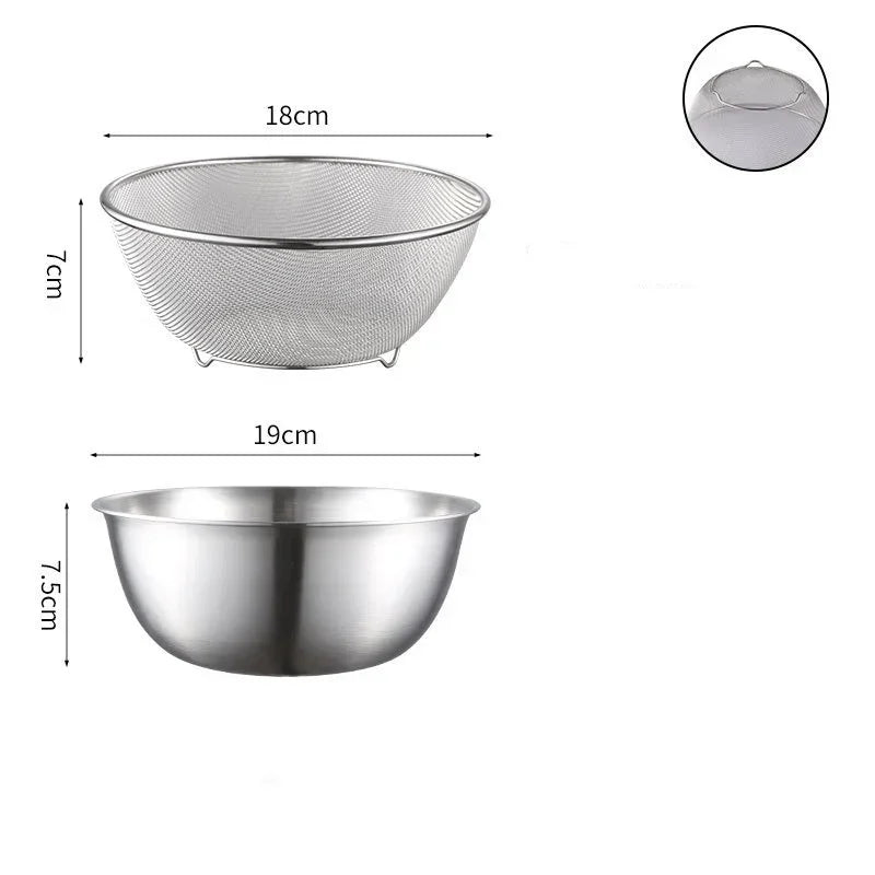Stainless Steel Drain Basin 2-piece Set with Scale Storage Basin Strainer Rice Washing Basket Kitchen Fruit Draining Rinsing Set