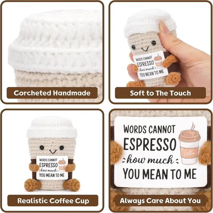Funny Crochet Emotional Support Coffee Doll With Card Desktop Ornament Handmade Knitted Coffee Dolls Christmas Gifts Home Decor