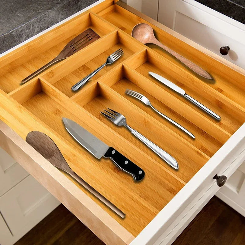 Expandable Bamboo Cutlery Drawer Organizer – Adjustable Wooden Tray