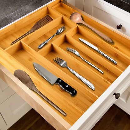 Expandable Bamboo Cutlery Drawer Organizer – Adjustable Wooden Tray