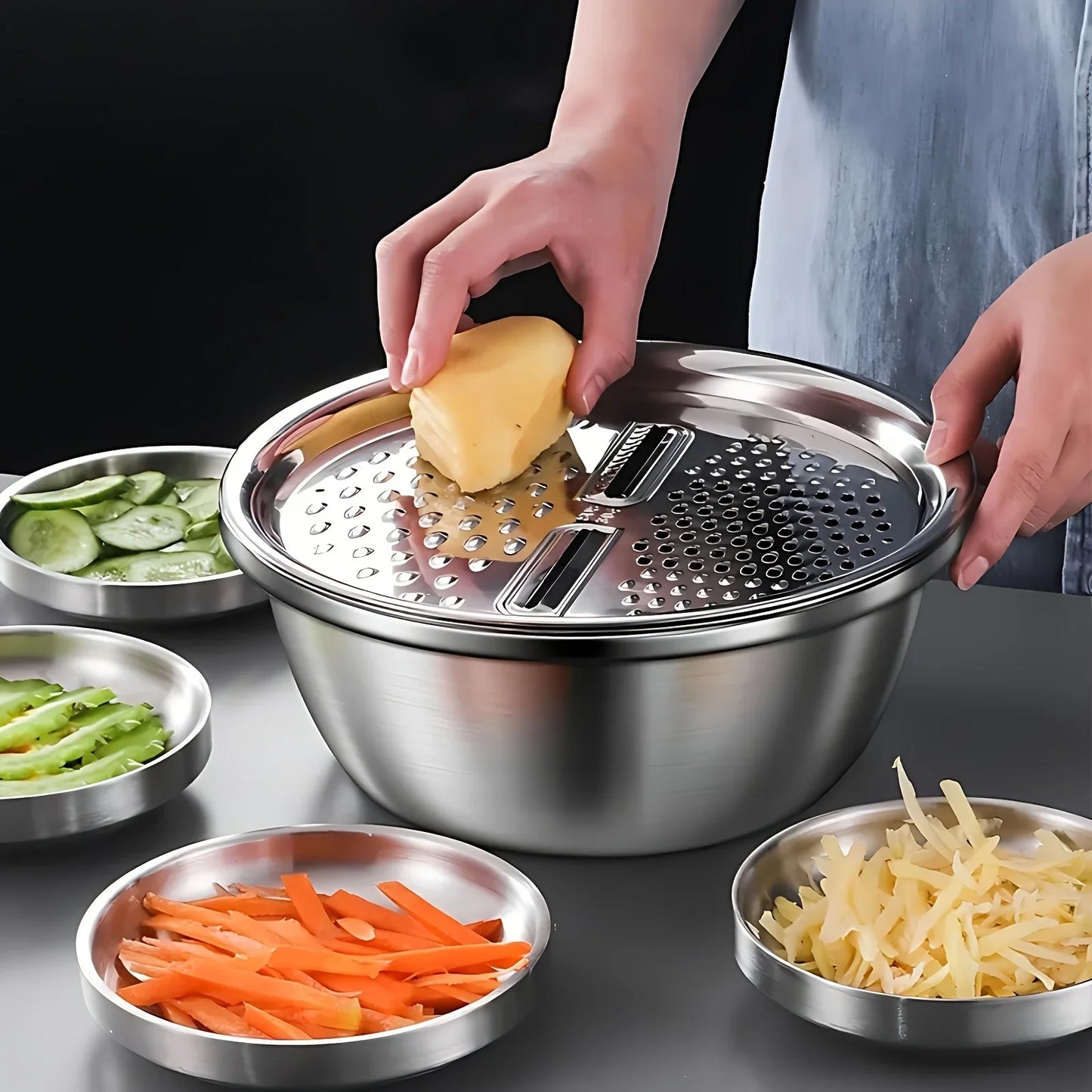 3PCS Stainless Steel Vegetable Slicer Set with Washing Basin & Drain Basket