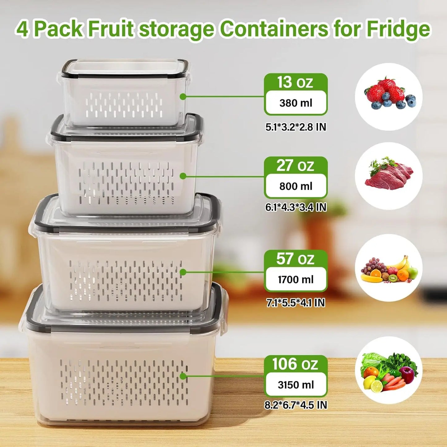 Fruit & Veggie Storage Container with Strainer – Fridge Organizer