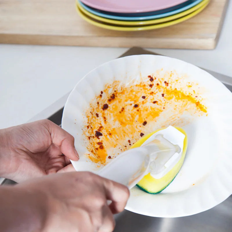 Detergent Dispensing Dish Brush - Refillable Soap Container Scrubber with Long Handle, Removable Head for Pots, Pans, Kitchen Cl