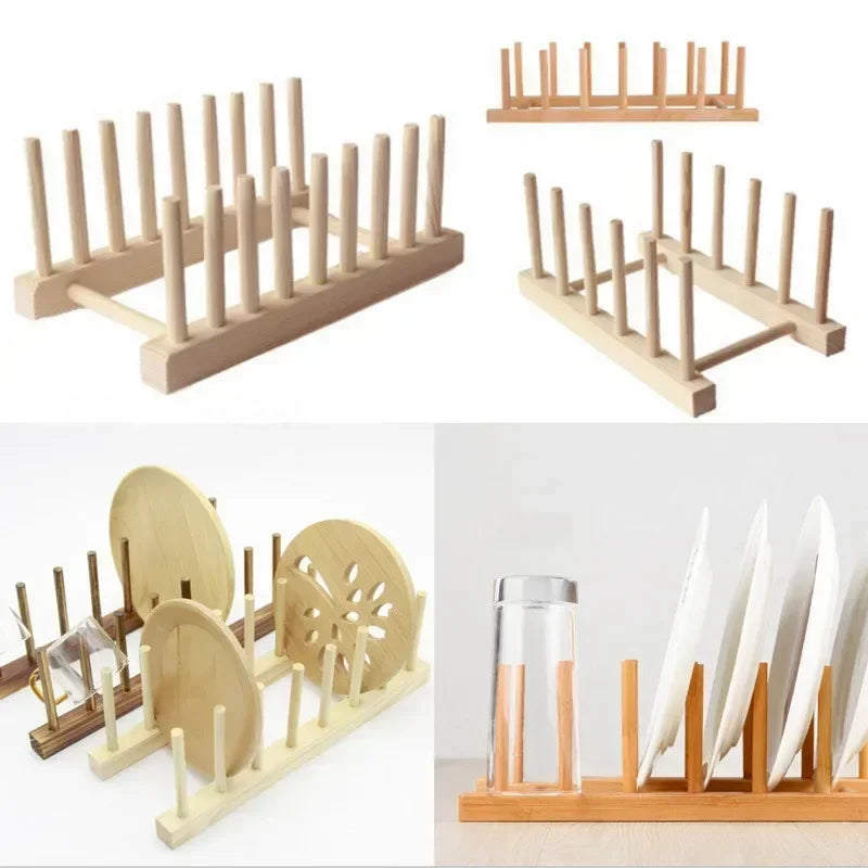 Wooden Dish Drying Rack Kitchen Organizer for Plates, Cups, and Pot Lids
