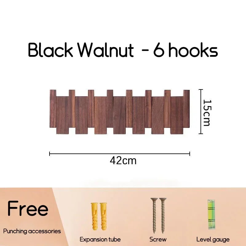 Wall-Mounted Black Walnut Coat Rack with Hooks