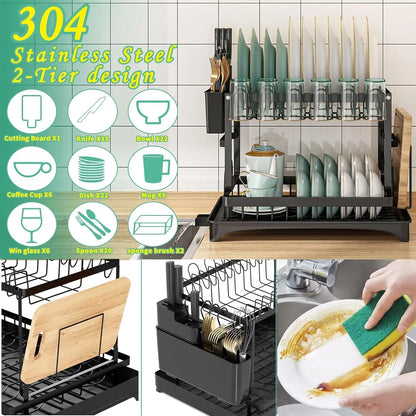 2-Tier Kitchen Countertop Dish Drying Rack with Drip Tray