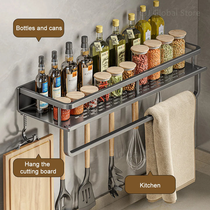 Wall-Mounted Kitchen Spice Rack Organizer Carbon Steel No Drilling 12-20 Inch Seasoning Holder Shelf for Easy Access to Spices