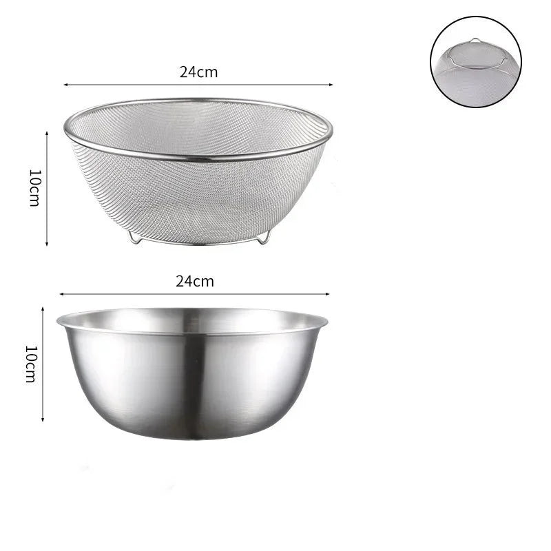 Stainless Steel Drain Basin 2-piece Set with Scale Storage Basin Strainer Rice Washing Basket Kitchen Fruit Draining Rinsing Set