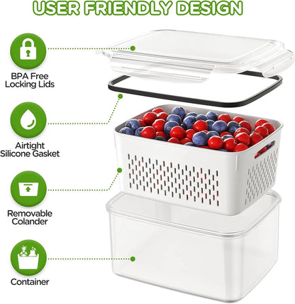 Fruit & Veggie Storage Container with Strainer – Fridge Organizer