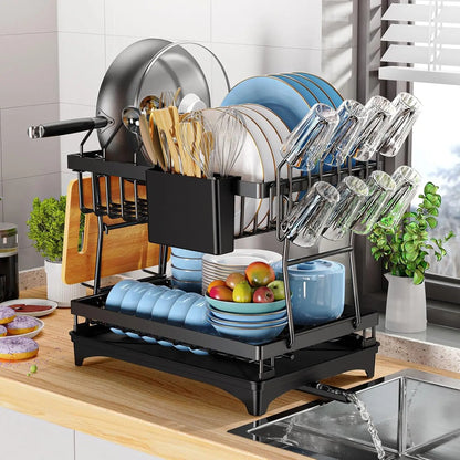2-Tier Kitchen Countertop Dish Drying Rack with Drip Tray
