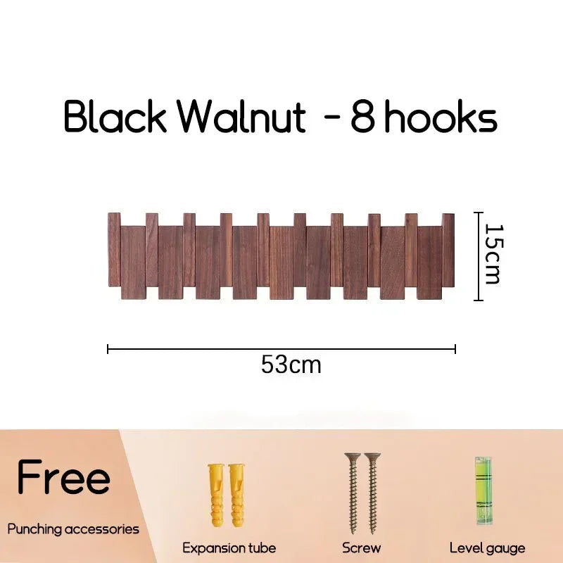 Wall-Mounted Black Walnut Coat Rack with Hooks