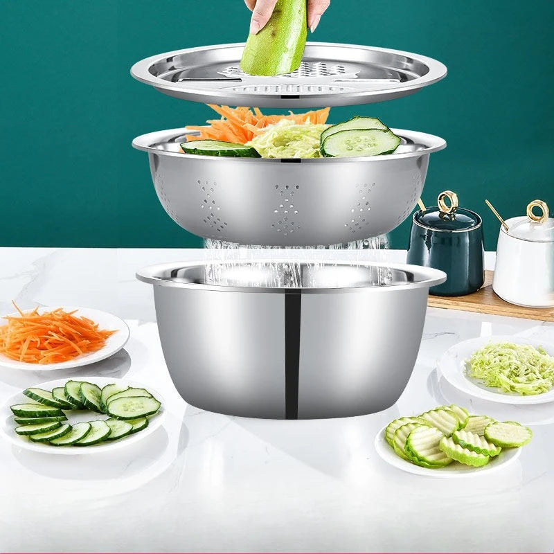 3PCS Stainless Steel Vegetable Slicer Set with Washing Basin & Drain Basket