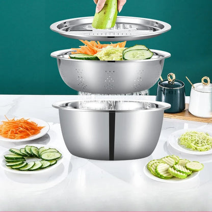 3PCS Stainless Steel Vegetable Slicer Set with Washing Basin & Drain Basket
