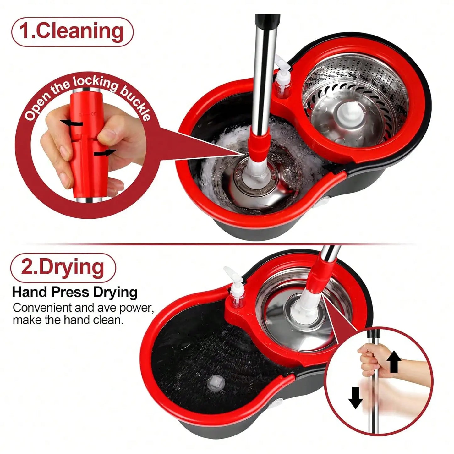 360° Spin Mop & Bucket Set with Stainless Steel Wring Basket & 3 Microfiber Heads