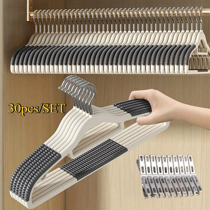30pcs Anti Slip Hangers Set -10 hangers+20 clips, Heavy Duty Velvet Clothing Hangers for Wardrobe, Multiple Colors