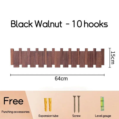 Wall-Mounted Black Walnut Coat Rack with Hooks
