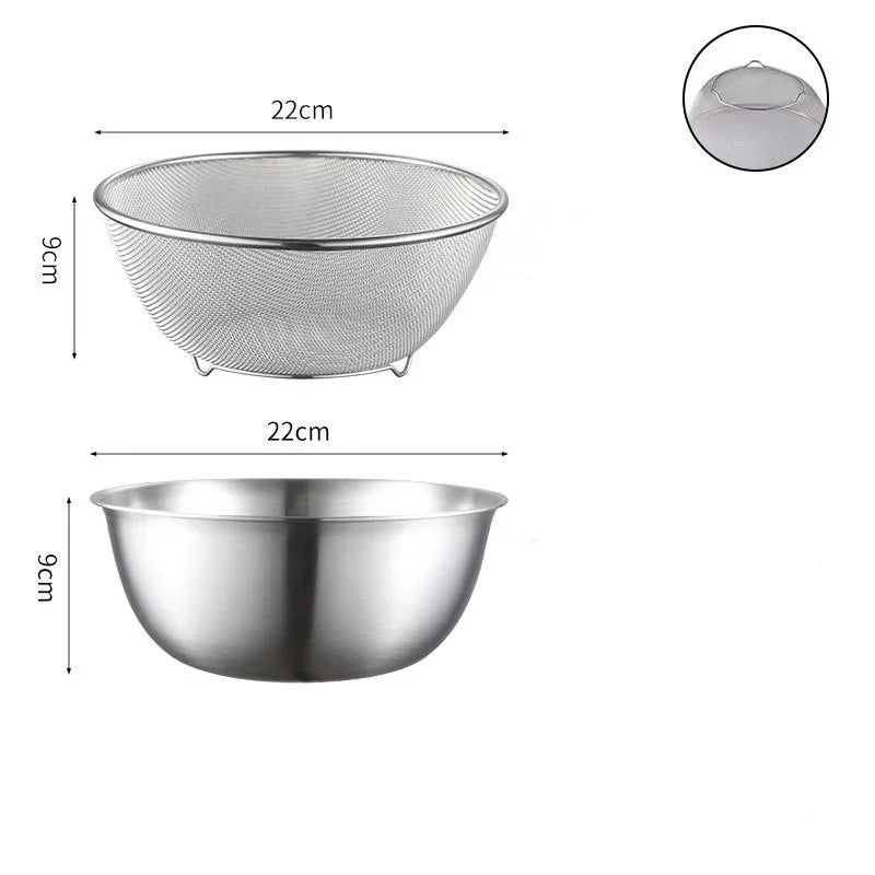 Stainless Steel Drain Basin 2-piece Set with Scale Storage Basin Strainer Rice Washing Basket Kitchen Fruit Draining Rinsing Set