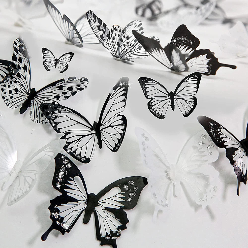18Pcs Black White Butterfly Wall Stickers Decor 3D Removable Glitter Butterflies Home Decoration Wedding Living Room Ornaments