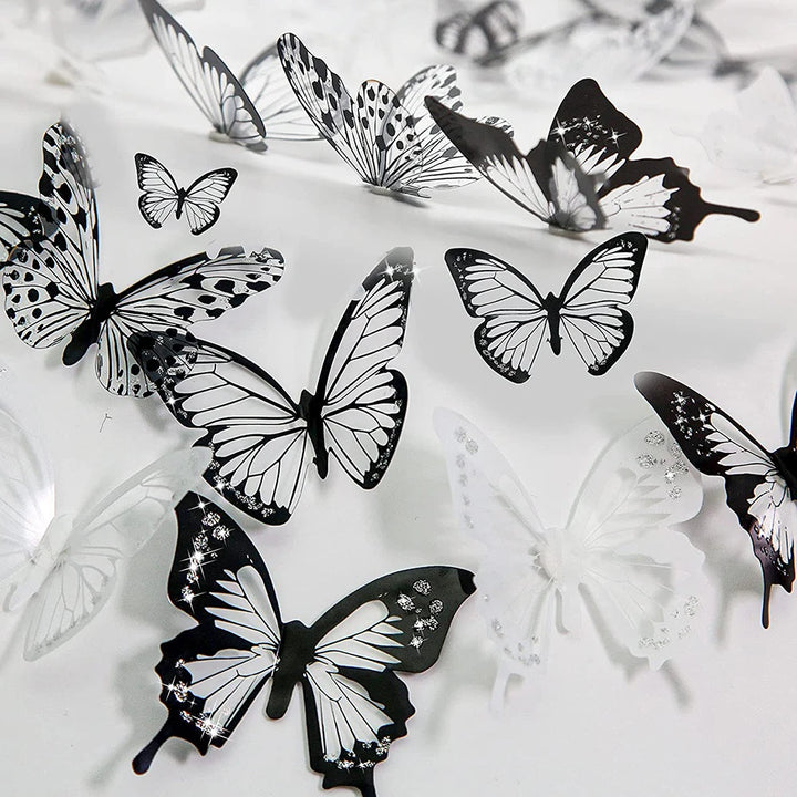 18Pcs Black White Butterfly Wall Stickers Decor 3D Removable Glitter Butterflies Home Decoration Wedding Living Room Ornaments