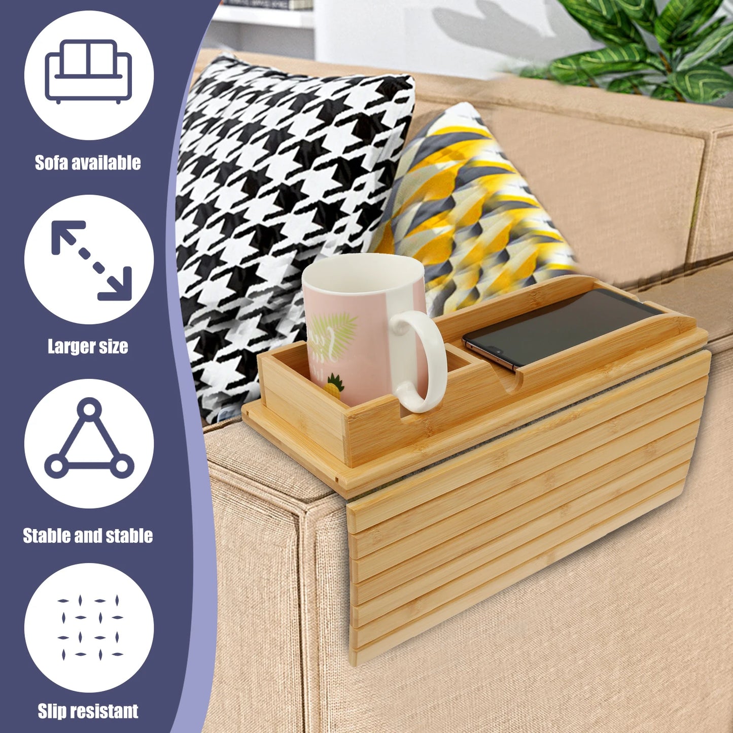 Foldable Bamboo Sofa Armrest Cup & Storage Tray